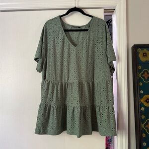 Olive Eyelet Knit V-Neck Top